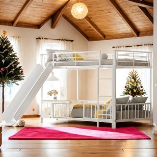 Unique Metal Twin over Twin Size Bunk Bed with Slide and Guardrails,Versatile Functionality For Home