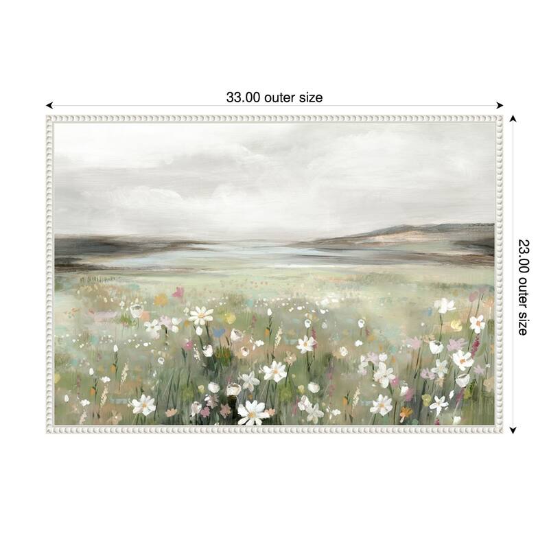 Soft Meadow Under Cloudy Sky by Hannah Dawson Framed Canvas Wall Art Print - 33 x 23 in