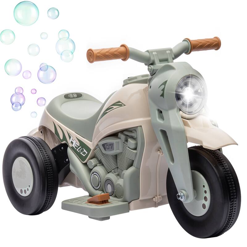 Kids Electric Bubble Motorbike 6V Ride-On Toy with Music, LED Headlight, Forward/Reverse, and Safe Design - White