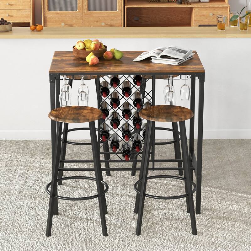 5 Pieces Bar Table and Stools Set with Wine Rack and Glass Holder-Rustic Brown - 39.5" x 23.5" x 40"