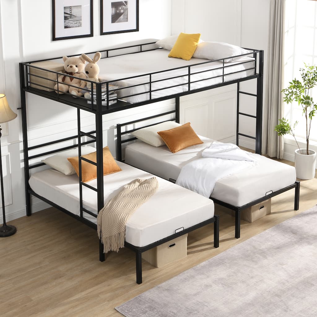 Full Over Twin Over Twin Triple Bunk Bed with Safety Rail & Storage Shelf