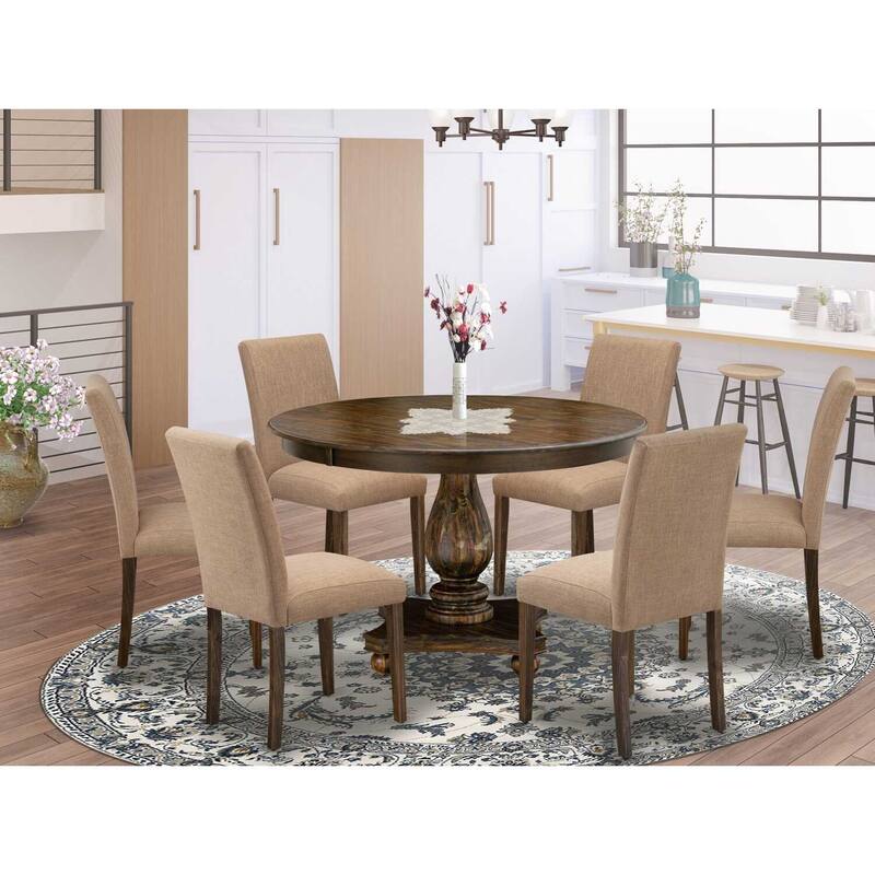 HomeStock 7-Piece Distressed Jacobean Finish Solid Wood Top Dining Table with 6 Chairs