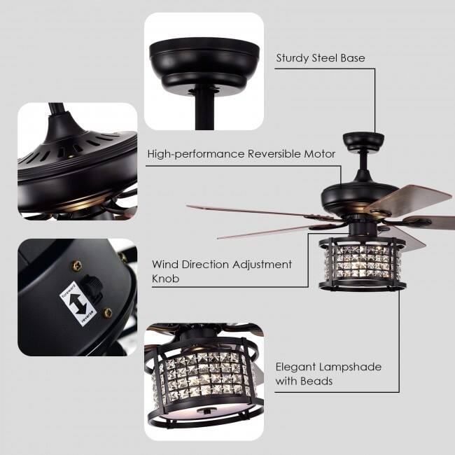 52 Inch 3-Speed Crystal Ceiling Fan Light with Remote Control - 52" D x 21.5" H