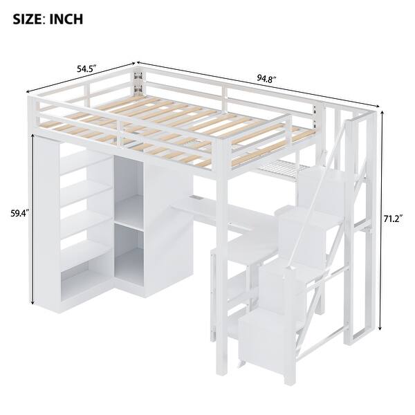 dimension image slide 0 of 2, Loft Bed with Desk, USB Ports, 5-Layer Shelf, Space-Saving Metal Loft Bed Frame with Wardrobe and Stairs, Easy Assembly