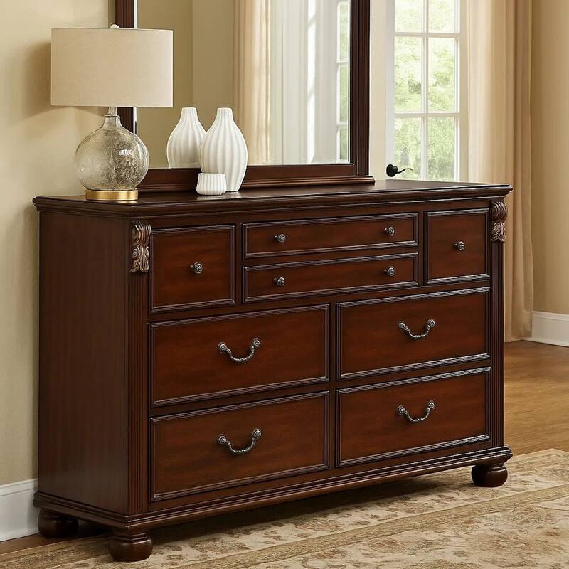 Miri 59 Inch 8 Drawer Dresser, Brass Carved Trim Accents, Cherry Oak Brown