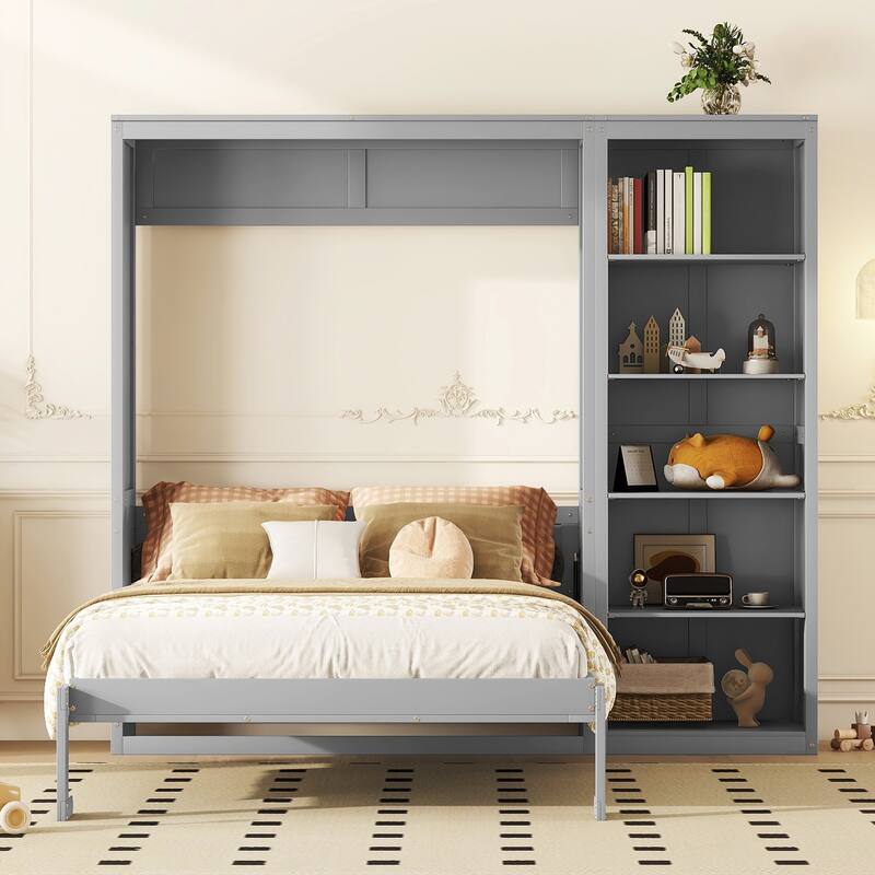 Space Saving Murphy Bed Wall Bed with 5 Layer Storage Shelves, Wood Foldable Platform Bed Frame, No Box Spring Needed - Gray - Queen