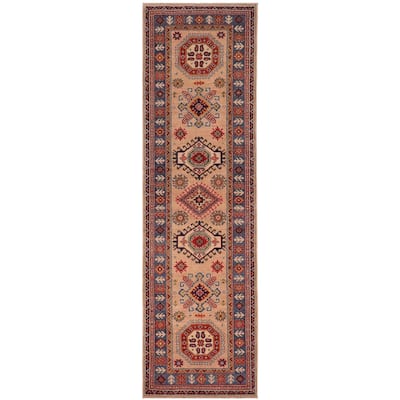 Tribal Kazak Miriam Peach/Light Blue Wool Runner - 2'10'' x 9'8''