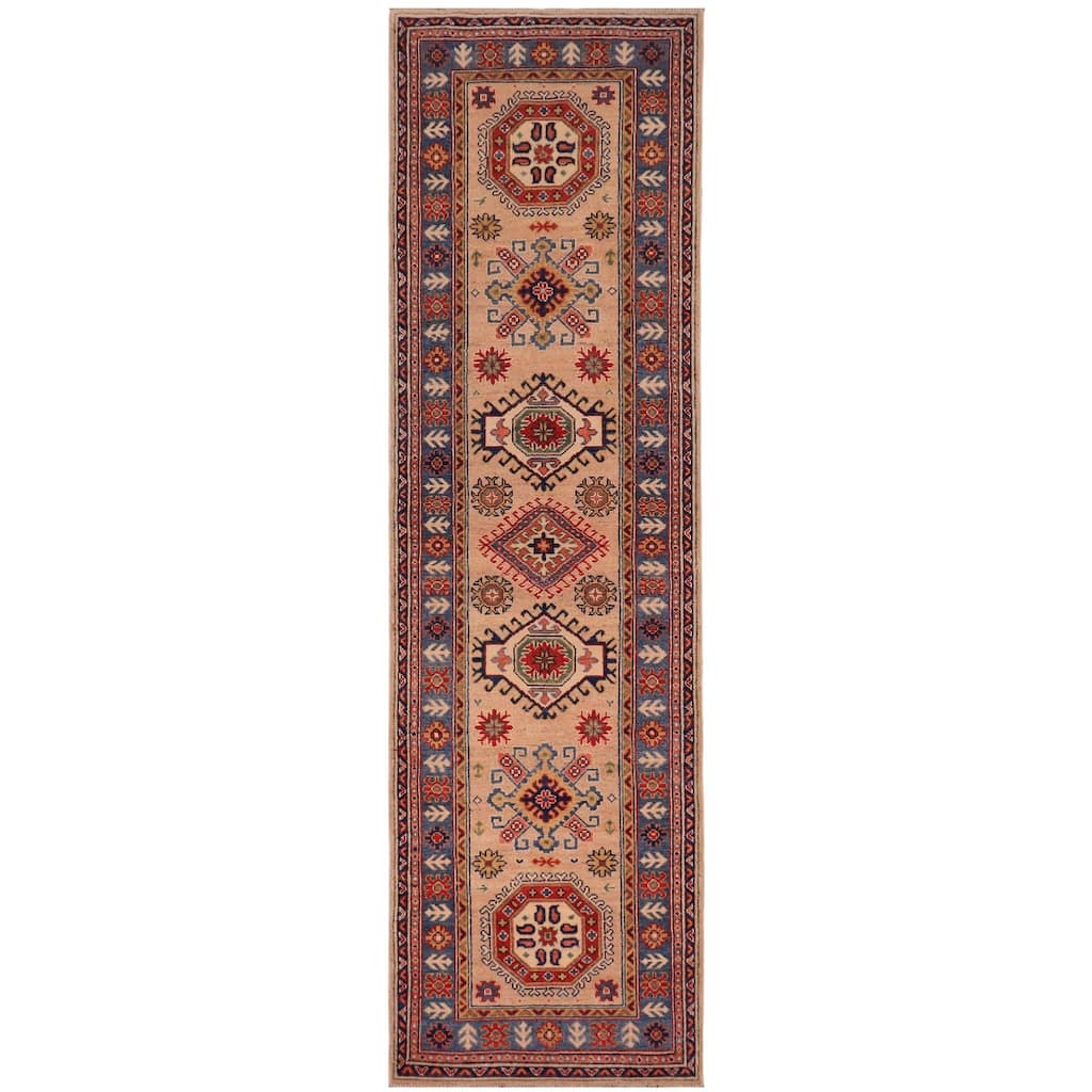 Tribal Kazak Miriam Peach/Light Blue Wool Runner - 2'10'' x 9'8''