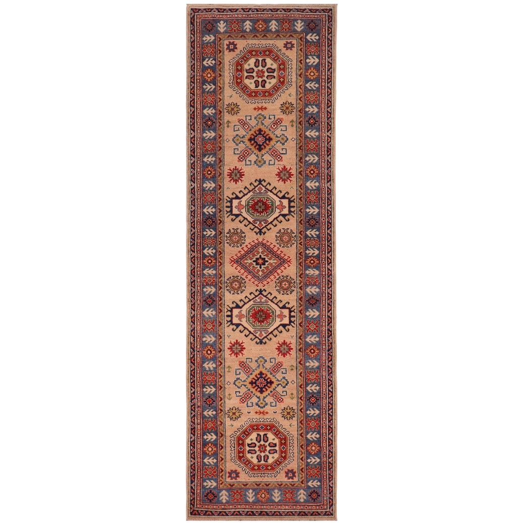 Tribal Kazak Miriam Peach/Light Blue Wool Runner - 2'10'' x 9'8''