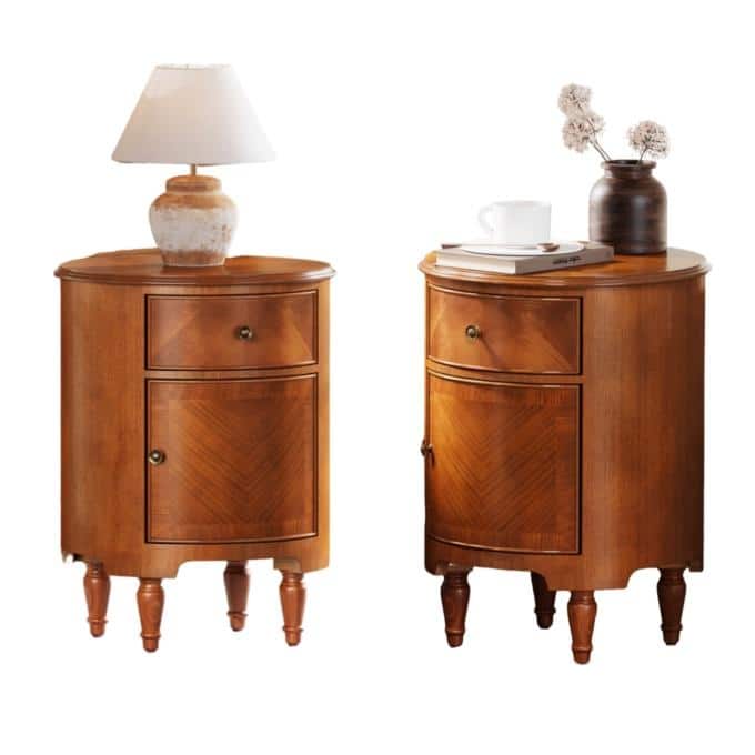 Solid Wood Round Nightstand, Assembled Beside Cabinet with Drawer - 2PC