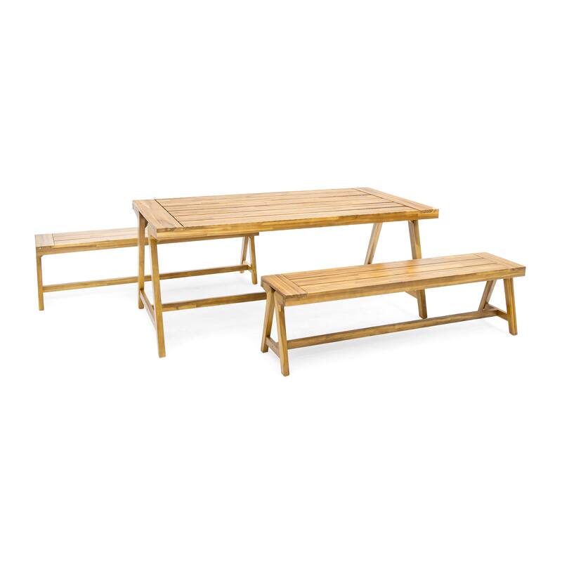Roomfitters 3-Piece Outdoor Picnic Set, Contemporary Acacia Wood Dining Table & 2 Benches, All-Weather Compact Design