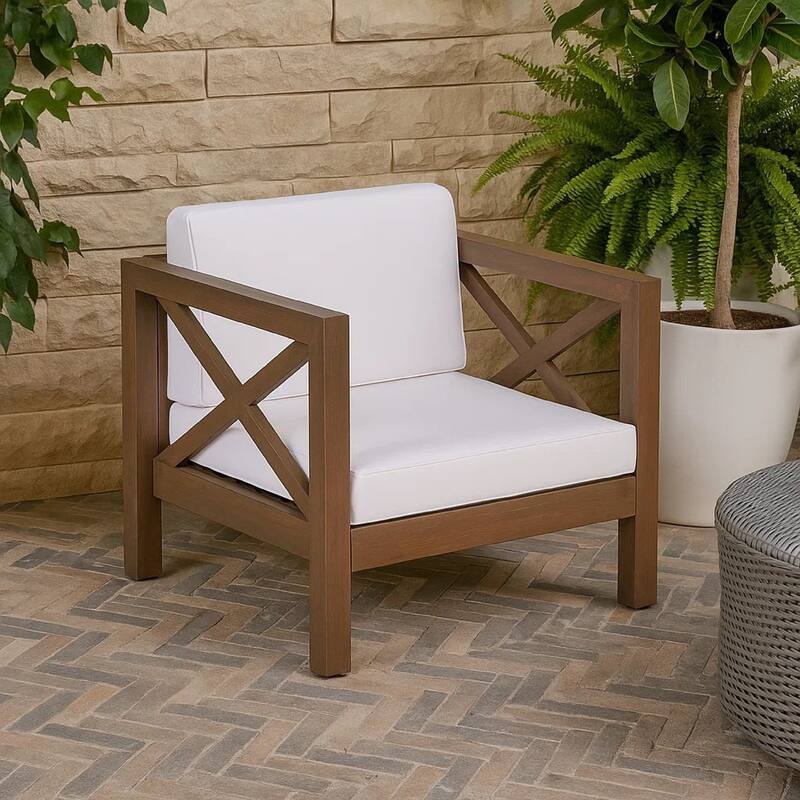 Bea Outdoor Club Chair, White Cushions, X Back Design Weathered Gray