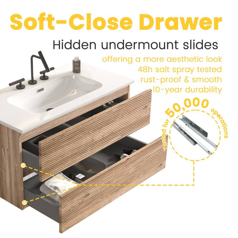 GDFStudio - Gloria Modern Wall-Mounted Floating Bathroom Vanity with Integrated Ceramic Basin & Soft-Close Drawers