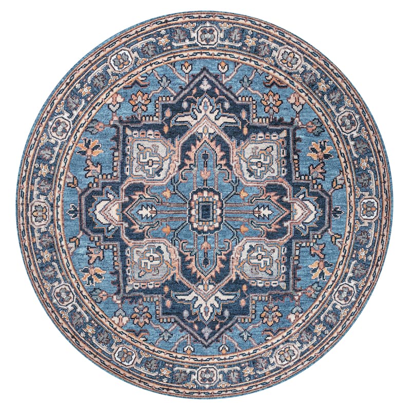 JONATHAN Y Cirali Ornate Large Medallion Machine Washable Area Rug - 6' Round - Blue/Beige