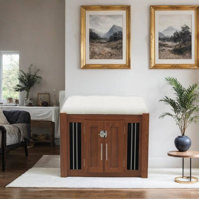 30.25"L, Furniture Style 2 in 1 Dog Crate with Padded Seat, Sliding Barn Door, Luxury Wooden Dog Kennel