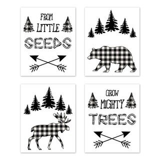 Forest Animals Plaid Collection Wall Decor Art Prints (Set of 4) - Black and White Buffalo Check Bear Moose Arrow