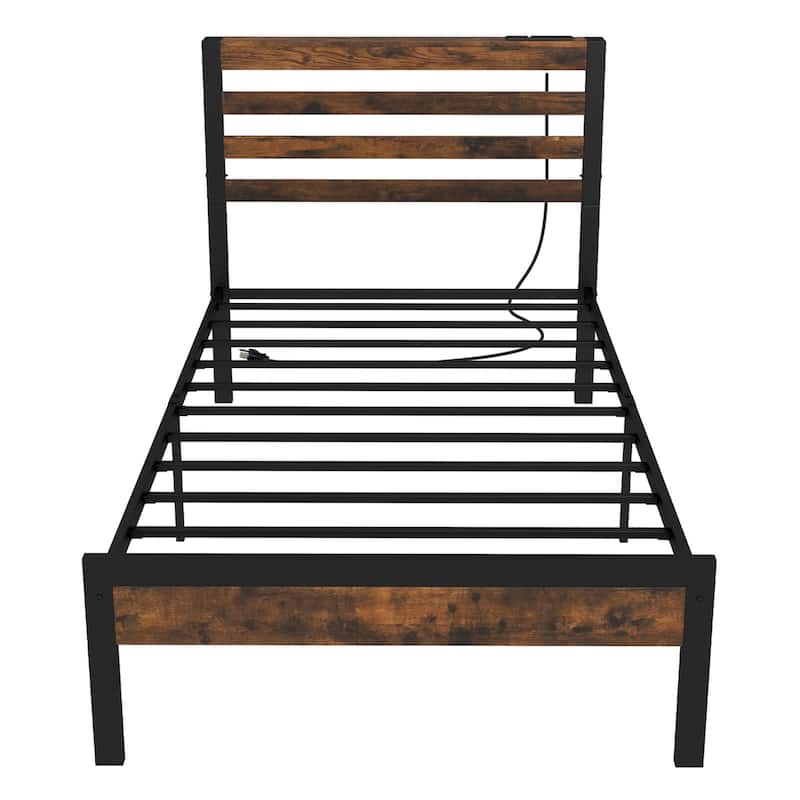 Costway Full Industrial Metal Platform Bed Frame Charging Station
