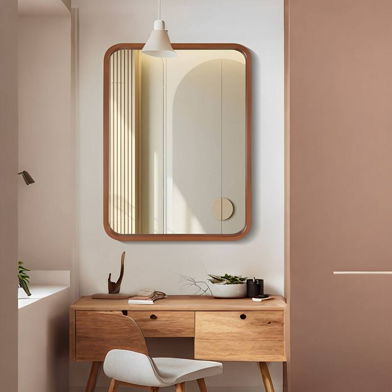 Round Corner Rectangle Farm Wall Mirror with Solid Wood Frame - 30" x 40" - Walnut