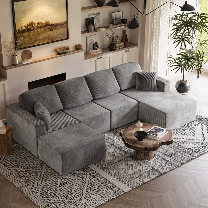 126" Modular Sectional Sofa, U Shaped Cloud Couches for Living Room, Upholstered Boneless Couch with Ottoman