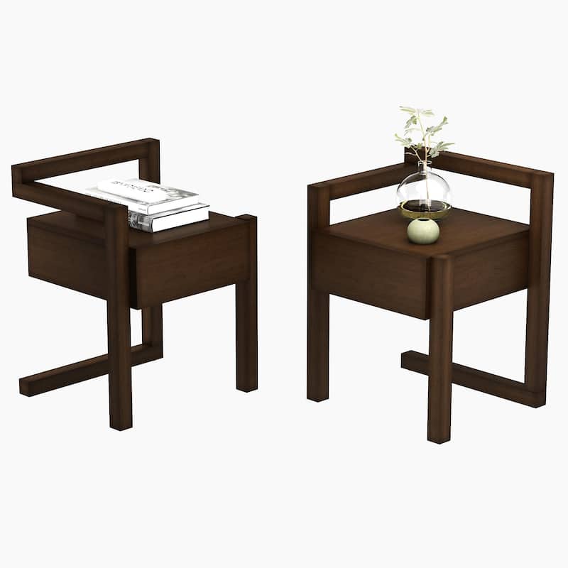 Modern End Table Set of 2, Square 2-Tier Nightstand with Storage Drawer, Side Table with Wood Legs for Living Room, Bedroom - Walnut