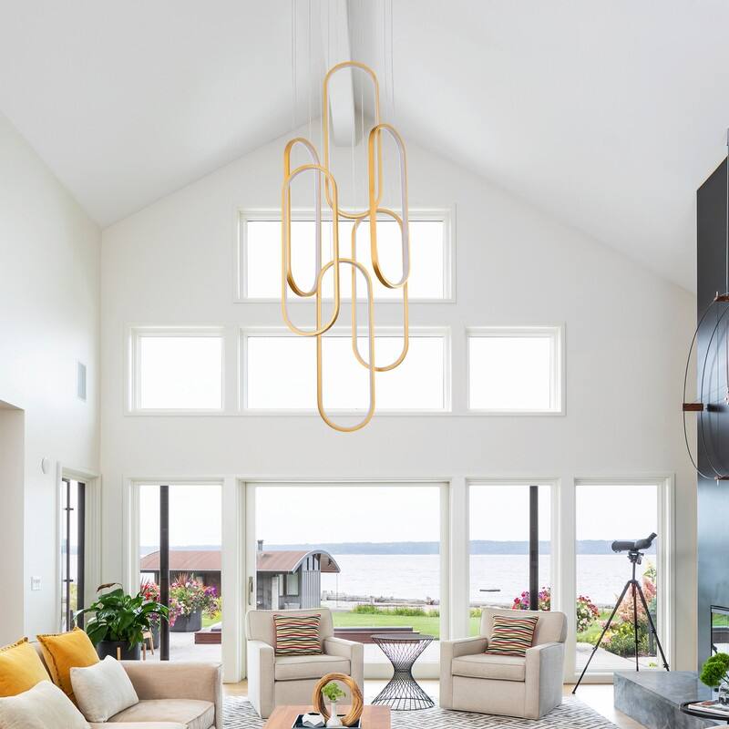 6 Rings Modern Chandelier, LED Black Large Contemporary Light for Staircase, Dimmable High Ceiling Chandeliers