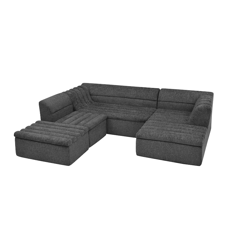 Roomfitters U-Shaped Modular Sectional Sofa with Chaise and Movable Ottoman, Chenille Upholstery and Wave-Shaped Armrest