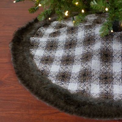 48" Brown and White Plaid Christmas Tree Skirt with Faux Fur - 48
