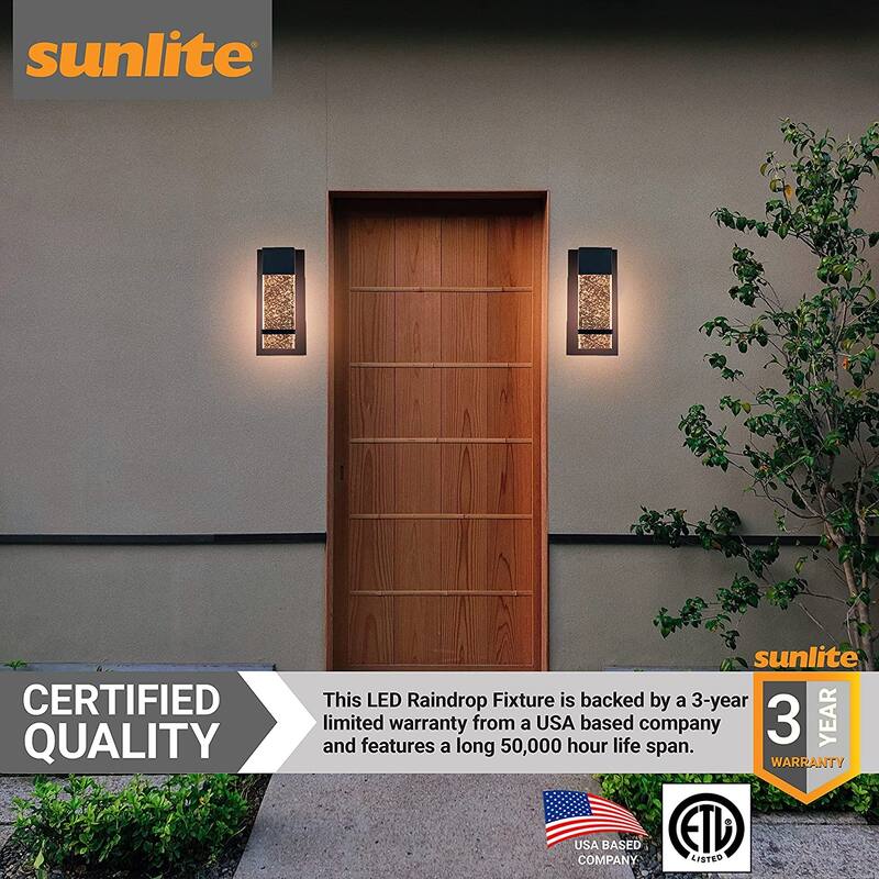 Sunlite 6.5 in. Wide Black LED Warm White (3000K) Modern Indoor Outdoor Wall Sconce with Rain Glass Panel
