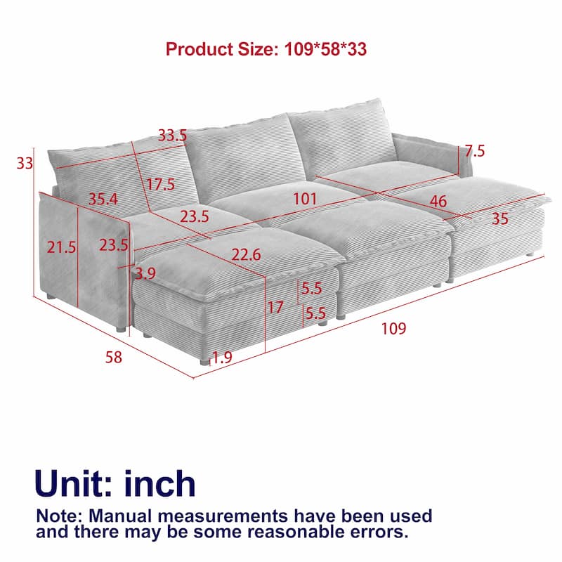 3-seater Cloud Sofa Corduroy Upholstered Sectional Couch with Ottoman