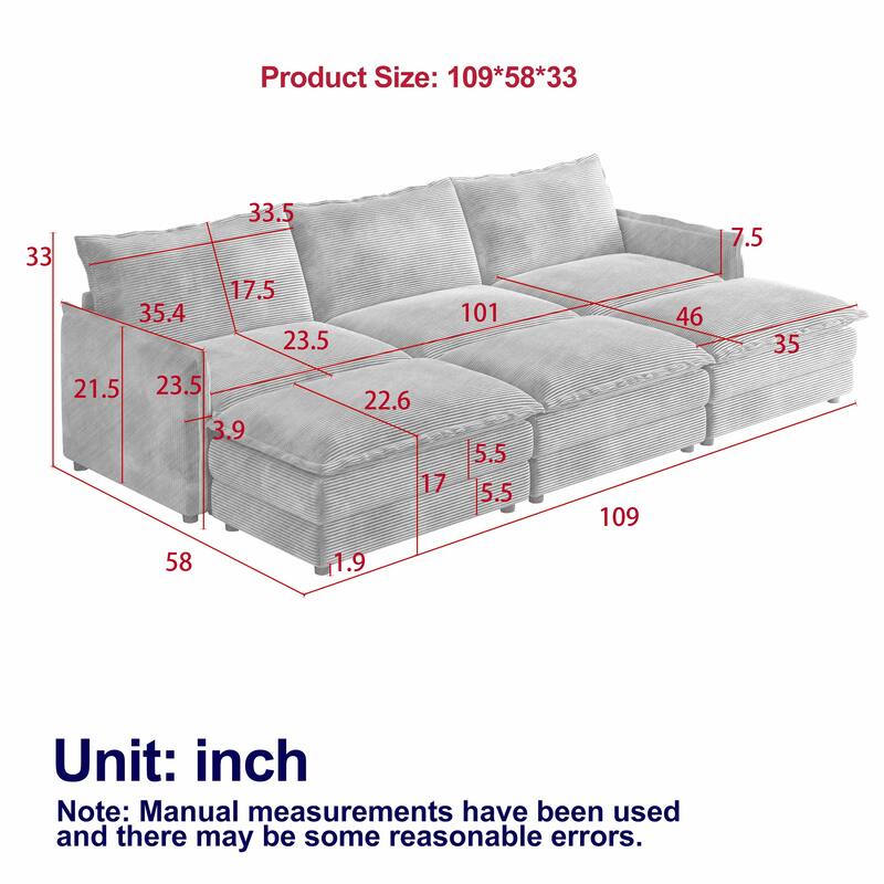 Convertible Sleeper Sofa Bed 109" Oversized Modular Sectional Sofa Deep Seat Corduroy Cloud Couch with 3 Ottomans