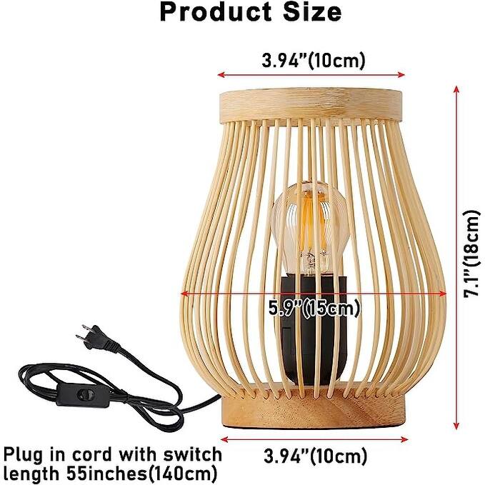 Farmhouse Natural Bamboo Rattan Table Lamp, Boho Handmade Woven Round Lampshade Nightlight, Industrial Desk Light for Bedroom