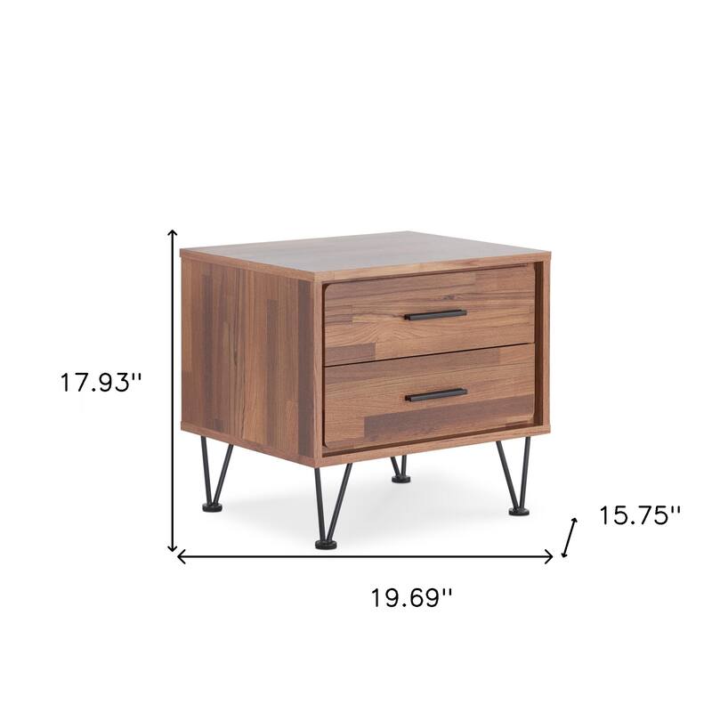 Wood Contemporary Nightstand with 2 Drawers and Metal Legs