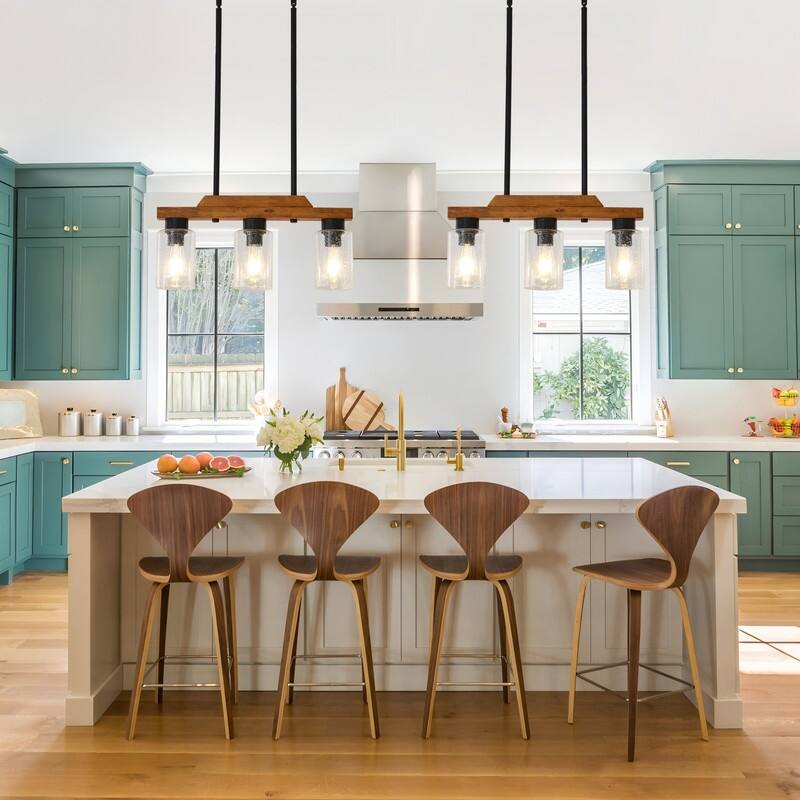 Farmhouse Chandelier for Dining Room Kitchen Island Rustic Wood Linear Pendant Light with Seed Glass Shade