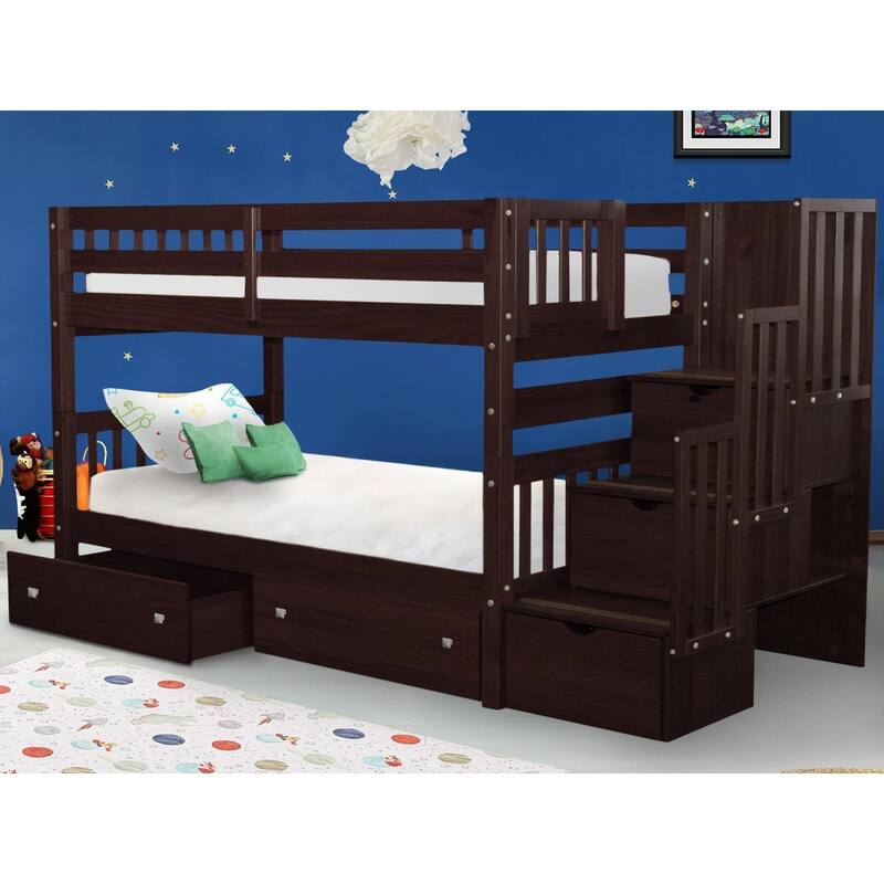 Taylor & Olive Trillium Twin over Twin Stairway Bunk Bed, 2 Drawers - Dark Cherry