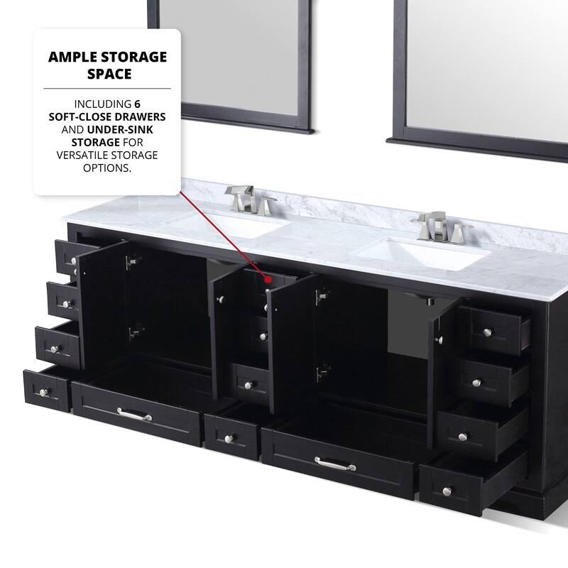 Dukes 84 in. W x 22 in. D Navy Blue Double Bath Vanity, Carrara Marble Top, Faucet Set, and 34 in. Mirrors