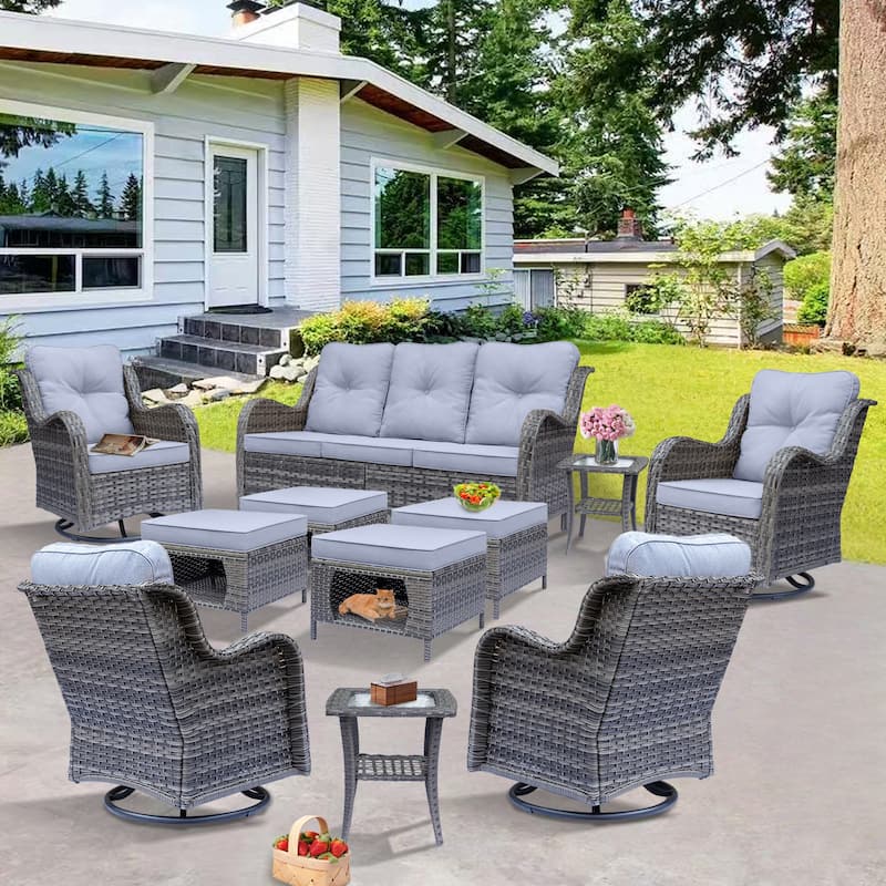 11 Piece Rattan Wicker Outdoor Patio Furniture with Swivel Chairs Set