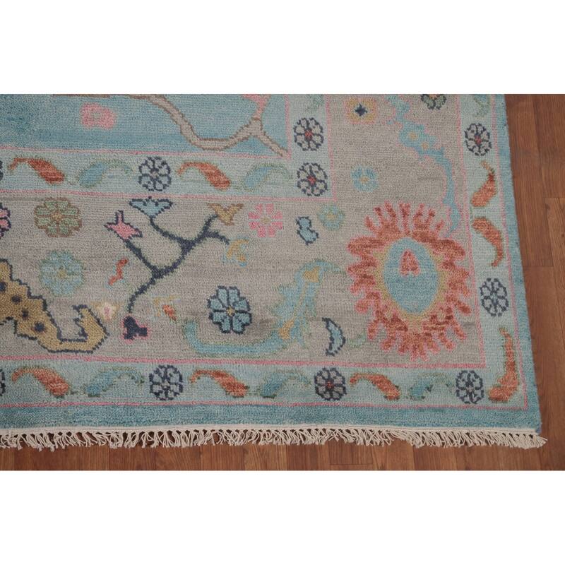 Light Blue Floral Oushak Oriental Area Rug Hand-Knotted Wool Carpet - 8'11" x 11'8"
