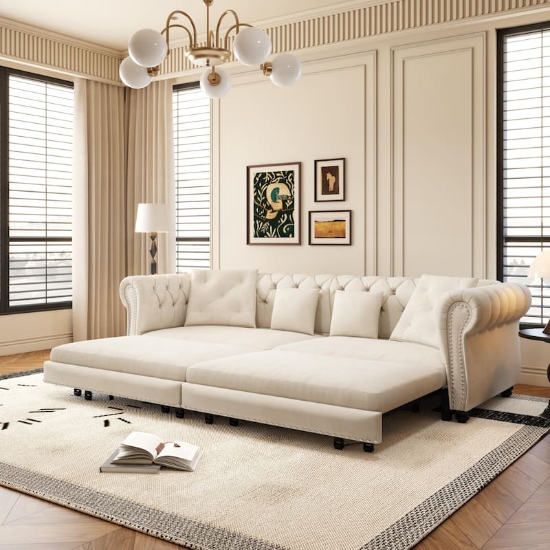 Oversized Chesterfield Loveseat Sofa, Convertible Pull Out Sleeper Sofabed Velvet Couch Bed w/Movable Ottoman and Nailhead Trim