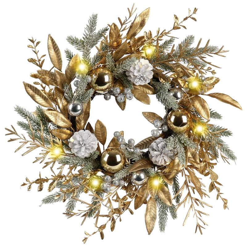 Christmas Wreath Wall Decor with Lights Balls Pine Cones Golden Berries Pine Needle and Christmas Flower for Outdoor Indoor