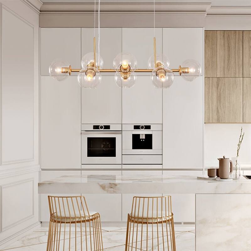 Modern 8-Light Glass Globe Linear Sputnik Island Chandelier Semi Flush