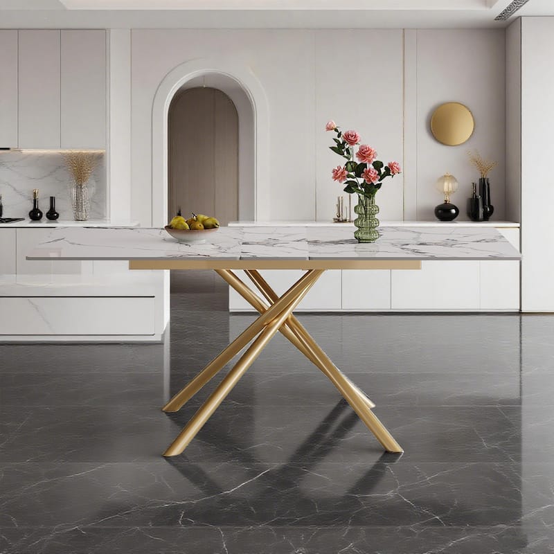 59-inch Modern Round Expandable Dining Table, Burnt Stone Top & Golden Carbon Steel X-Base, Sturdy 4-6 Person Table