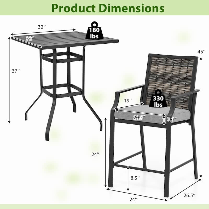 Gymax 3PCS Outdoor Bar Set High Top Patio Bar Table & Rattan Wicker