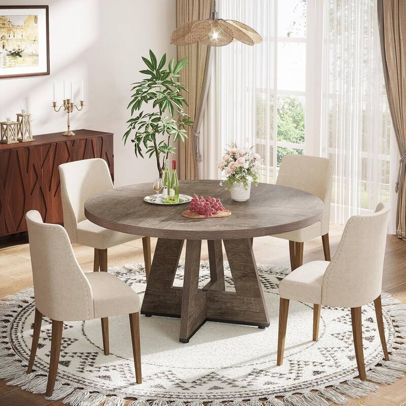 47" Round Dining Table for 4-6 People Rustic Wood Table with Pedestal Base for Kitchen Dining Room Living Room