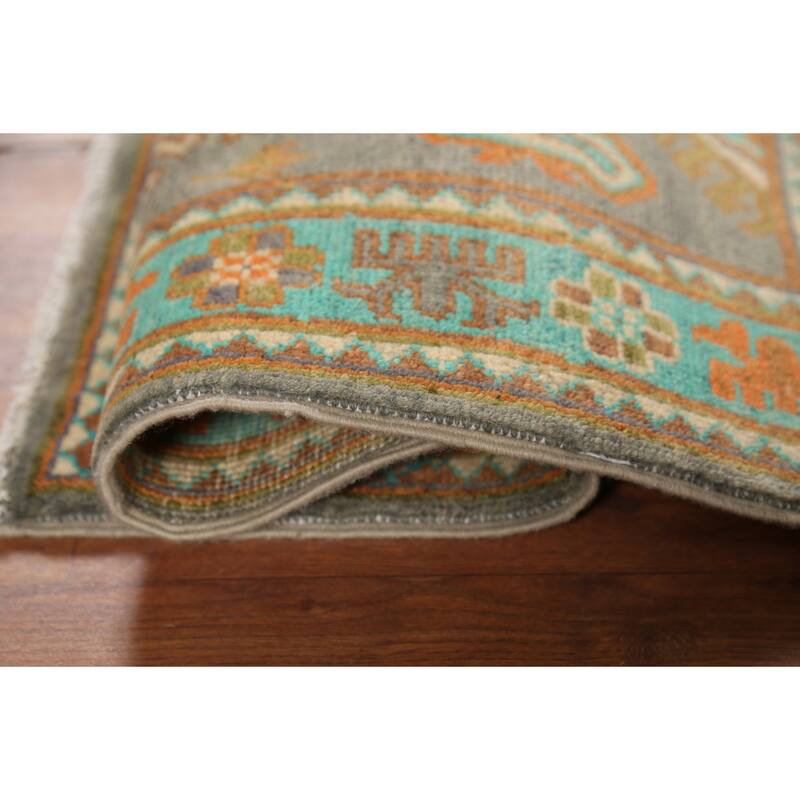 Gray Geometric Kazak Accent Rug Hand-Knotted Geometric Wool Carpet - 2'1"x 2'10"