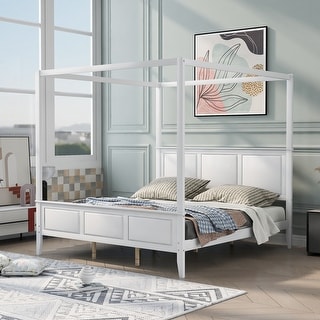 King Size Canopy Platform Bed Frame Pine Wood Slat Support Legs Four ...