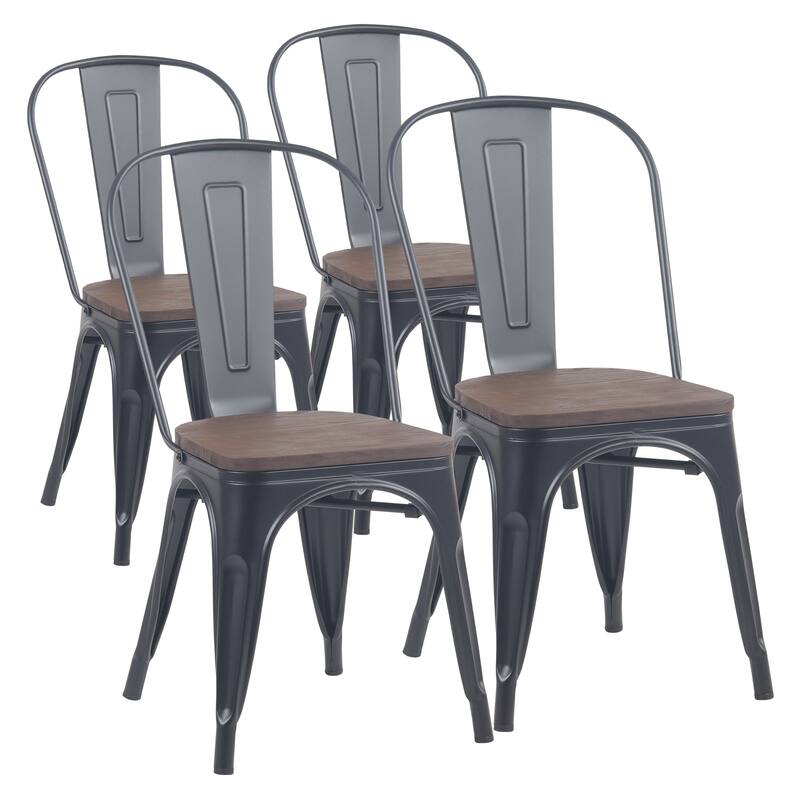 Metal Dining Chairs Set of 4 Stackable Indoor-Outdoor Patio Chair - Wooden-Matte Black