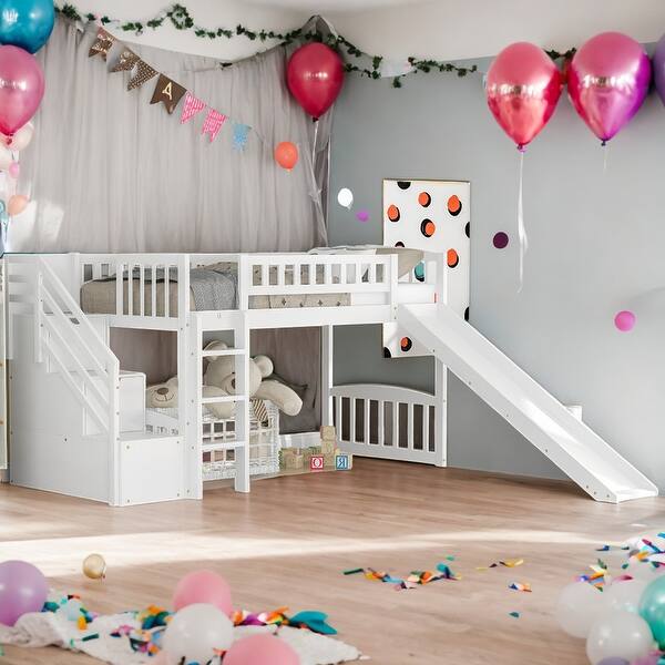 slide 2 of 30, Twin Size Loft Bed With Two Storage Drawers,Ladder and Slide for Home White