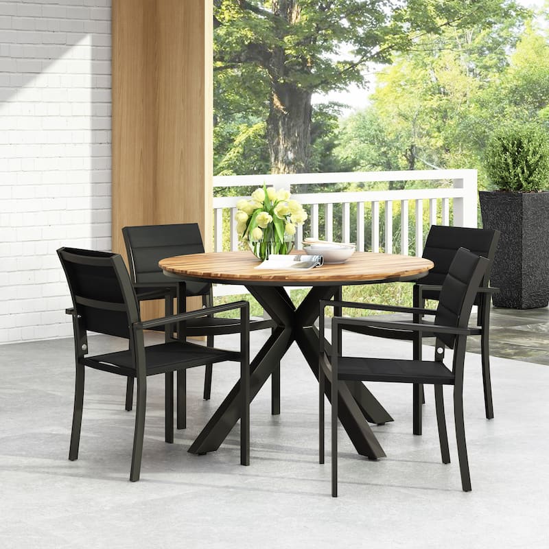 Soto Mesh and Acacia Wood Outdoor 5 Piece Dining Set by Christopher Knight Home - Black/Teak