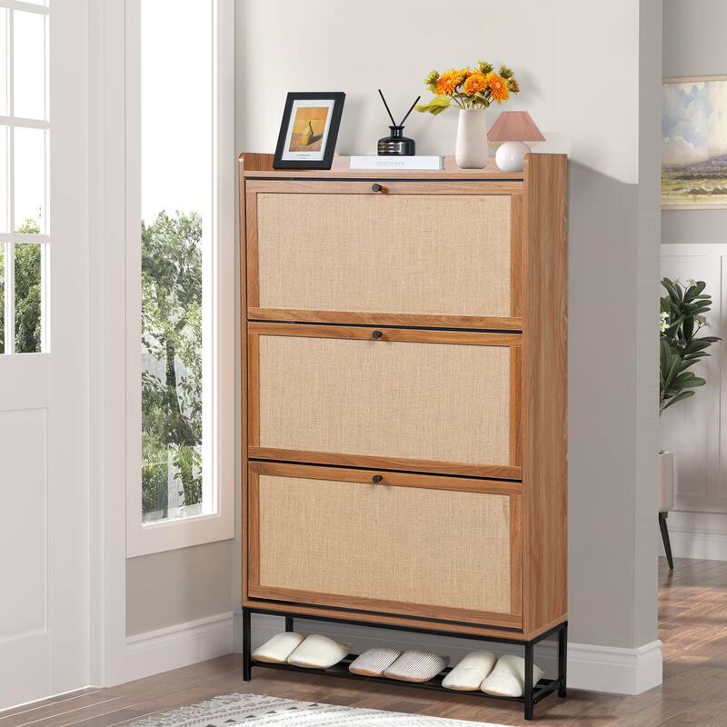 Wooden Shoe Storage Cabinet with triple-tier flip-up drawer - Brown