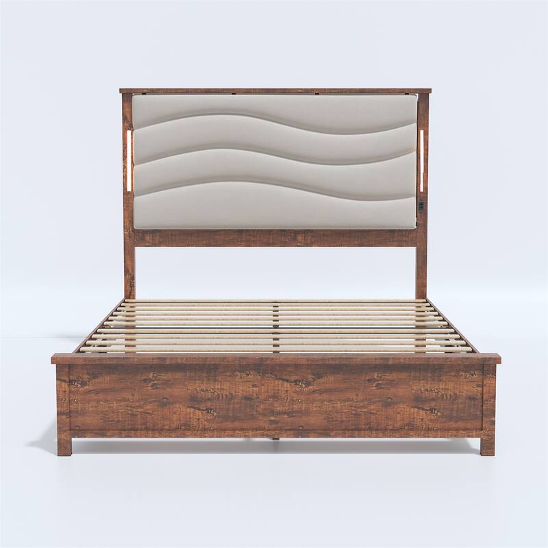 King Size Bed Frame with Upholstered Headboard, Charging Station